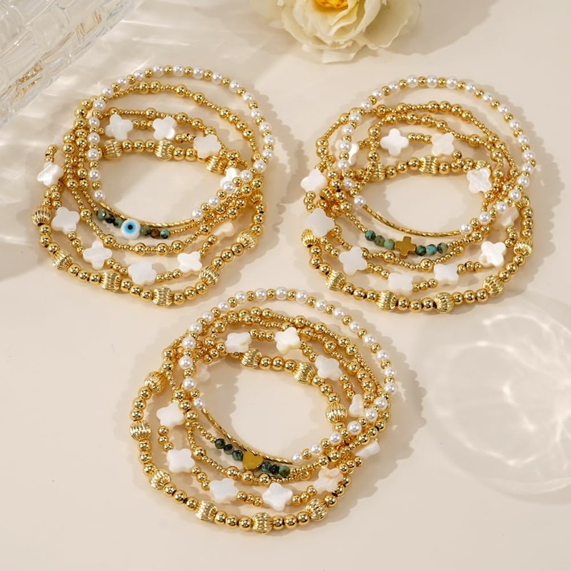 SHINUS BOHO Evil Eye Clover Pearl 14K Gold Beaded Bracelet