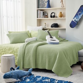 SHALALA Twin Size Sage Green Waffle Quilt Set, Lightweight Sage Green Bedspread Soft Waffle Bedding Coverlet with 1 Pillow Sham,Twin Size Blanket Comforter for All Season