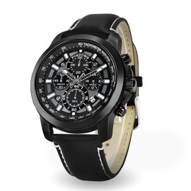 PINDOWS Watches for Men Analogue Chronograph Quartz Watches for Men Waterproof Business Casual Wear with Black Brown Leather Strap, Black Case Black Band White Face, Modern