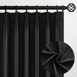 Topfinel Black Pinch Pleated Semi Sheer Curtains Textured Linen Blended Light Filtering Window Curtains 108 inch for Living Room Bedroom Pinch Pleat Drapes with Hooks 2 Panels 9ft 40" Wx108 L