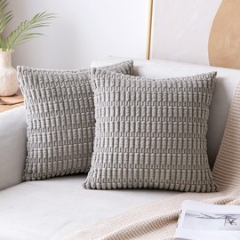 MIULEE Pack of 2 Corduroy Decorative Euro Sham Throw Pillow Covers 22x22 Inch Soft Boho Striped Pillow Covers Modern Farmhouse Home Decor for Sofa Living Room Couch Bed Light Grey