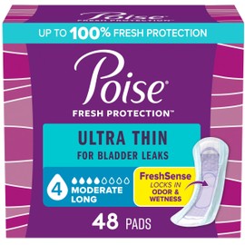 Poise Ultra Thin Incontinence Pads & Postpartum Pads for Bladder Leaks, 4 Drop Moderate Absorbency, Long Length, 48 Count, Packaging May Vary