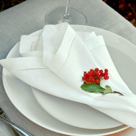 Linen & Cotton 4 x Elegant Festive Fabric Napkins Florence – 100% Linen, White (43 x 43 cm) Napkins Fabric Napkins Linen Napkins for Wedding Catering Home Kitchen Decoration Restaurant