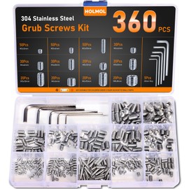 HOLMOL Grub Screws Assorted Set 360PCS, Grub Screws for Door Handles with M3/M4/M5/M6/M8 Allen Keys, 304 Stainless Steel Grub Screw with Cup Point & Hex Head, Assorted Door Handle Screws for Repairs