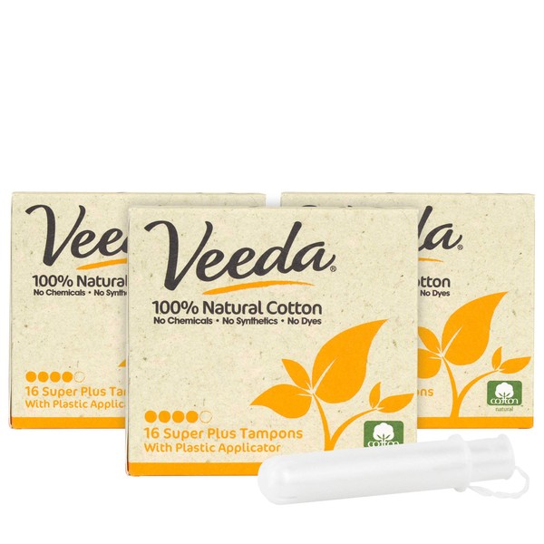 Veeda 100% Natural Cotton Super Plus Tampons with Compact BPA-Free Applicator, Dermatologically Tested, Chlorine, Fragrance and Dye Free, Unscented, 16 Count (Pack of 3)