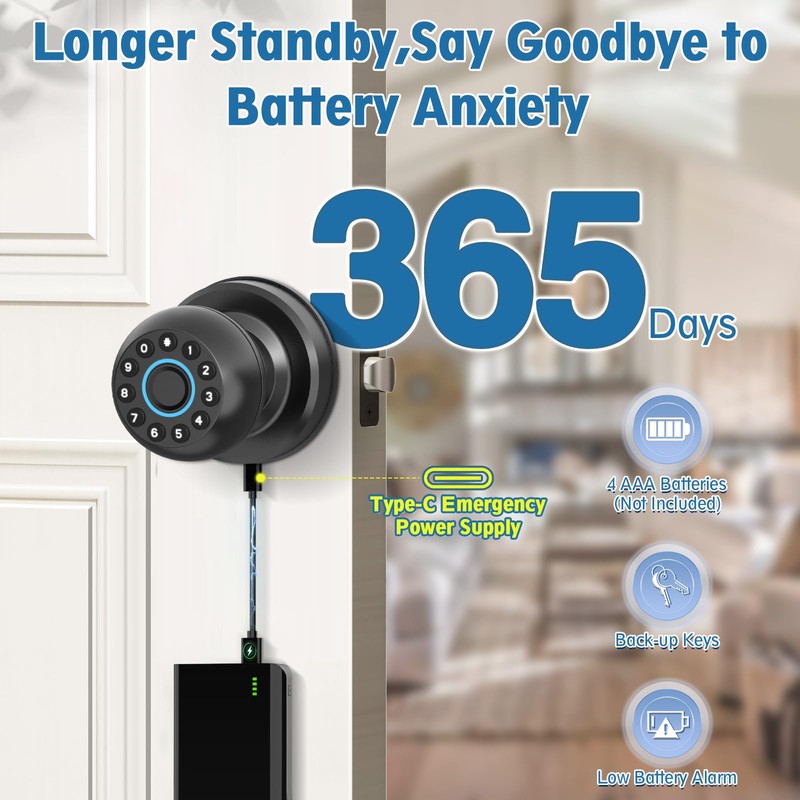 Anweller Smart Fingerprint Door Lock,Fingerprint Door Knob with Keypad,Electrionic Biometric