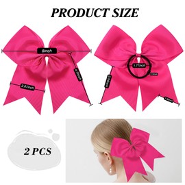 TUUXI 2 Pcs Pink Large Cheer Hair Bows 8’’ Grosgrain Ribbon Elastic Bands Ties Ponytail Holder for School College Sports Cheerleading Cheerleaders Bows