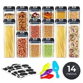 Raganet, Recipientes Herméticos de Plástico Premium Libres de BPA para Almacenamiento de Alimentos, con Tapas Fáciles de Abrir (Negro, 14)            