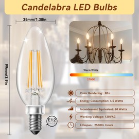TJOY LED Candelabra Bulbs Dimmable, 60W Equivalent Chandelier Light Bulb, E12 Small Base, 4.5W 2700K Soft Warm White, B11 Vintage Filament Clear Glass Candle Light for Ceiling Fan Chandeliers, 12Pack