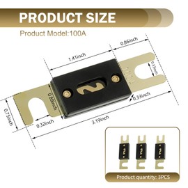 Polcatay 3 PCS 100A ANL Blade Fuse for Car, Plug and Play Fork Bolt Fuses for Audio and Video Systems, Gold-Plated Repair Accessories, for Most Cars Trucks