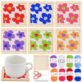 INFUNLY 6 Stück DIY Blumenuntersetzer Kreuzstichset Für Anfänger 3.94" × 3.94" Blumenuntersetzer Nadelspitzenset Mit Anleitung Nadelspitzen Stickset Vorgedrucktes Muster Für Stick Amateure