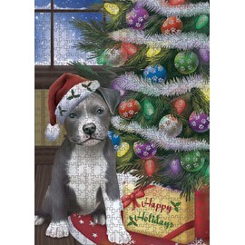 Christmas Tree with Presents Pitbull Dog Jigsaw Puzzle for Adults - Animal Printed Interlocking Puzzle Game Artwork - Gift for Dog Lover's- 500 Pcs 14"x20", PZLE58004