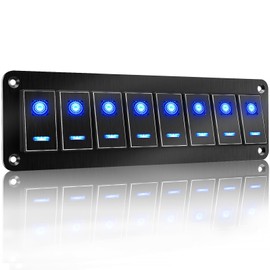 Rocker Switch Panel – 8 Gang Aluminum Toggle Switch Panel, 12V/24V Switch Panel, 5 Pin On-Off Car Switches, Blue LED Switch Panel for Automotive Car Boat Truck Motorcycle Jeeps RV UTV