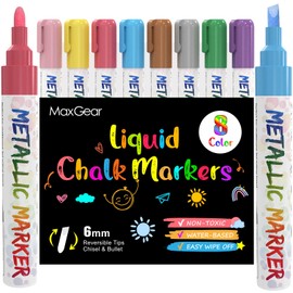 MaxGear Chalk Markers, 8 Color Washable Liquid Chalk Marker for Chalkboard, Wet Erase Window Marker for Glass 6mm Reversible Bullet & Chisel Tip for Glass, Window, Mirror, 8 Count (Metallic)
