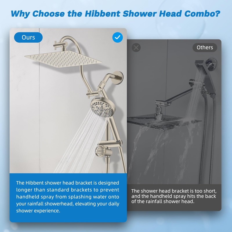 Hibbent cUPC Certified All Metal 10" Rainfall Showerhead Combo, High