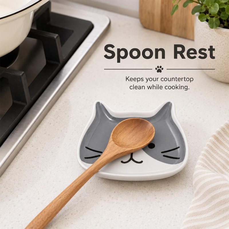 Cat-Shaped Spoon Rest, Ceramic Spoon Rest for Kitchen Counter Stove