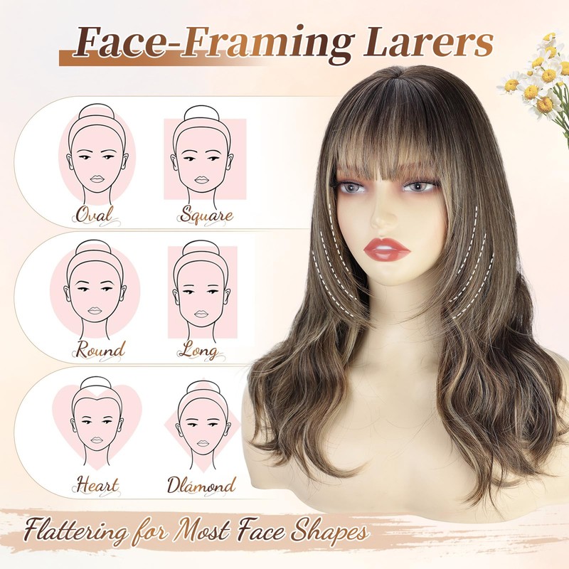 Cisyia Brown Blonde Highlight Wig with Bangs for Women, 4x4