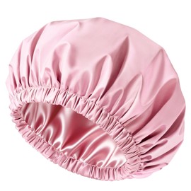 Satin Lined Shower Cap for Women, Reusable Waterproof Hair Cap, Large Washable Bath Caps with Soft Elastic Band, Protect Long Hair Braids(Pink)
