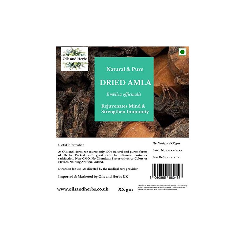 Oils and Herbs 100% Organic Dried amla 200GM