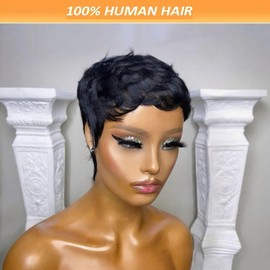 Tgezer Pixie Wigs for Black Women Short Pixie Cut Wig Human Hair Black Color Glueless Short Layered Pixie Wigs Easy to Throw on and go for Daily Use