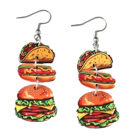 Funny Food Dangle Earring Cute Imitation Apple Doughnut Taco Hamburger Hot Dog Wooden Drop Earrings Party Jewelry for Women-Hamburger