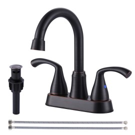 Oil Rubbed Bronze Bathroom Faucet 360 Swivel Spout Centerset Basin Faucet with Drain Stopper&Supply Hoses, 2 Handle Basin TapColor: Bronze, Surface Finishing: Oil Rubbed
