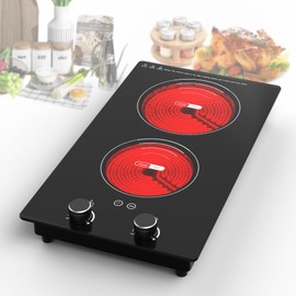 VBGK Electric Cooktop,3000W Built-in & Countertop Electric burner,Electric Stove Top with 9 Heating Level,Child Safety Lock, Timer, LED touch Knob Control,2 Burner Electric Cooktop（No Plug)