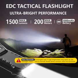 MAKDAK EDC Tactical Flashlight USB-C Rechargeable - Digital Display High Lumens Pocket Light,5+4 Modes with UV Red White LEDs,Stainless Steel and IPX4 for Everyday Carry,Camping,Emergency