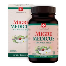 SwissMedicus MigreMedicus - Kopfschmerzfrei durch natürliche Kraft mit Magnesium + 9 Kräuter - Mutterkraut, Echter Lorbeer, Weiße Weide, Schwarzer Knoblauch + B-Komplex - 120 Vegan Kapseln