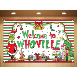 Sunwer Welcome to Whoville Photo Booth Backdrop Green Christmas Winter Holiday Party Decorations Home Indoor Outdoor Wall Hanging Banner (White-A, 7×5ft)