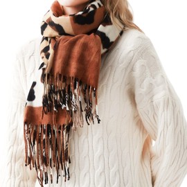 Soudittur Women's Winter Leopard Pattern Pashmina Scarves and Scarves with Fringes Long Winter Scarf Warm Oversized XXL Scarf, brown