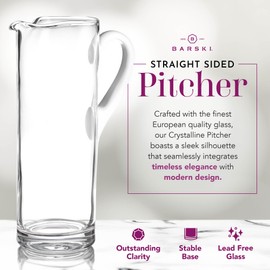 Barski - European Quality - Glass - Straight Sided Glass Pitcher with Opal (White) Handle - With Spout And Ice Lip 11" Height - 64 oz. Liquid Capacity - Made in Europe
