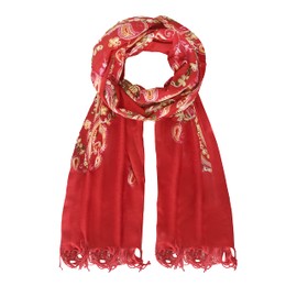 Women's Embroidered Oversize Tassel Shawl Scarf (#1-Red)