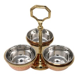 VAKRATUNDA KITCHENWARES Handmade Tableware Premium Copper & Steel Serving Bowls, Condiment Pots for Serving Pickle/Mouth Freshner/ Sauces/ Dry Fruit etc. (3 Bowls/Compartments)