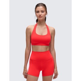 CRZ YOGA Womens Butterluxe Halter Sports Bras - Scoop Neck Padded Open Back Yoga Crop Gym Tops Low Impact Deep Red Small