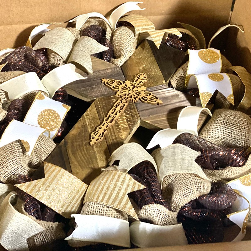 Gold and Burlap Cross Rustic Door Wreath | Cross Mesh