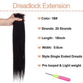 Mscat Natural Black Synthetic Dreadlock Extensions 18 Inch 0.6 cm Width Thin SE Dreads 20 Strands Handmade Reggae Style Loc Extensions Hippie Crochet Hair for Women Men