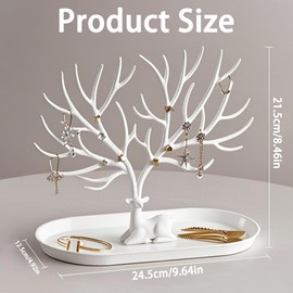 Tree Tower Rack Hanging Organizer, Jewelry Deer Stand, Jewellery Organiser Stand, Antlers Decorated Jewelry Tree, Hanging Organiser Rack Tower Suitable for Necklaces, Rings, Earrings White