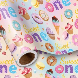 LeZakaa 1st Birthday Donut Wrapping Paper Roll for Baby Girls Boys, Sweet One Design, for First Birthday, Party, Baby Shower, Mini Roll 17 in x 16.4 Ft