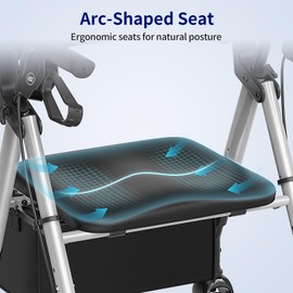 VOCIC Walkers for Seniors,Foldable Walker with Seat,Rollator Walker with Durable Aluminum,8" Big Wheels for All Terrain, Ergonomic Seat and Backrest,Dual Adjustable Height Rolling Walker| Shiny Silver