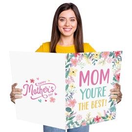 Jumbo Best Mom Greeting Card Large Happy Birthday Card for Her 22 x 14 Inch, Giant Happy Mother Day Guest Book Supplies Gifts with Envelope for Women Girls, Happy Birthday Party Supplies