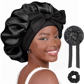 Adjustable Silk & Satin Sleep Bonnet Silk Sleep Bonnets for Women,Satin Bonnet for Curly Hair, Braids - Soft Hair Protection with Tie Band, Women’s Nightcap Accessories (Black)