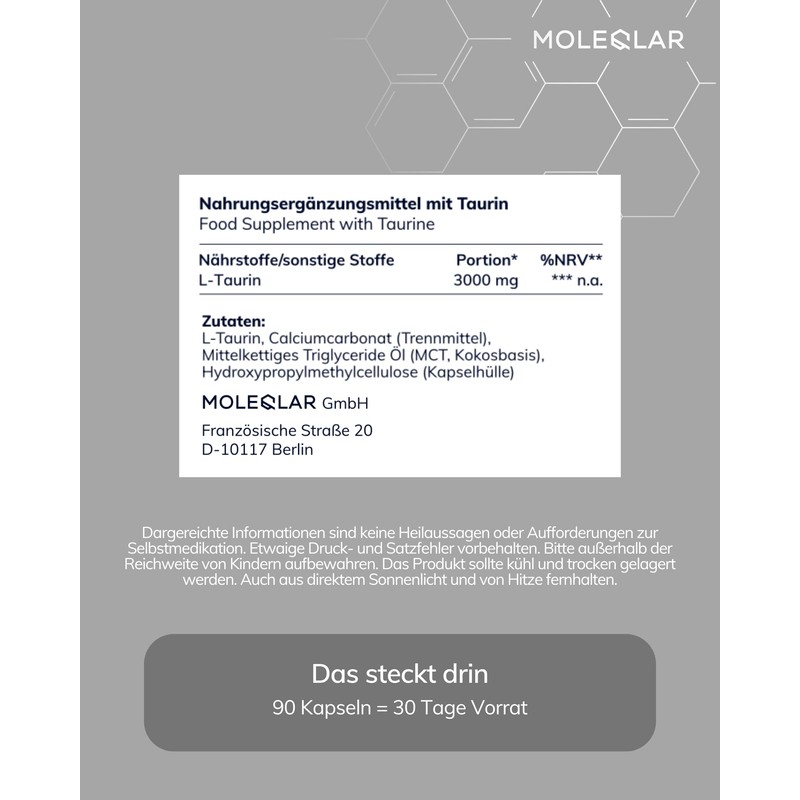 MoleQlar Taurine Capsules 90 Pieces - 3000 mg High Purity