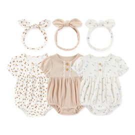 MAMIMAKA Baby Bodysuit Cotton Baby Girl Clothes with Headband Floral 3 Pack, 3-6 Months