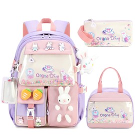 YTJGC Backpack for Girls Cute Bookbag Set with Lunch Box Pencil Case Kawaii Bunny School Backpacks for Girl 3 Pcs Kindergarten Elementary Preschool Middle Sequin School Bag for Girls