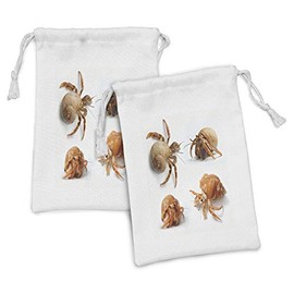 Ambesonne Crabs Fabric Pouch Set of 2, Sea Animals Theme Hermit Crabs Pattern from Caribbean Seascape Digital Print, Small Drawstring Bag for Toiletries Masks and Favors, 9" x 6", Marigold and White