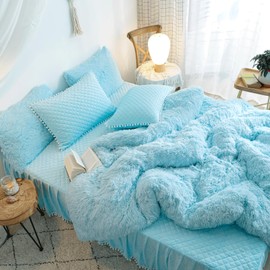 HAIHUA Fluffy Comforter Cover Queen, Plush Light Blue Bedding Set 1 Pieces (1 Fuzzy Queen Duvet Cover) Shaggy Blue Bed Set (Queen)