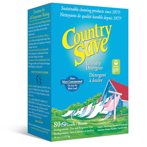 Country Save Biodegradable Non Toxic Fragrance Free Laundry Detergent Powder for Cold and Warm Washing in HE and Regular Machines - 5 lb (80 oz)