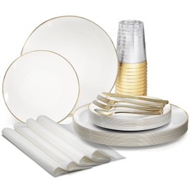 " OCCASIONS " 200pcs set (25 Guests)-Wedding Party Disposable Plastic Plate Set -25 x 10.25'' + 25 x 7.5'' + Silverware + Cups + Napkins (Bali in White & Gold)