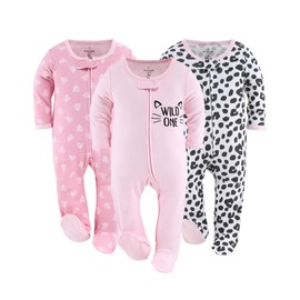 The Peanutshell Baby Sleepers for Girls Set of 3-3-6 Months Baby Clothes, Soft Cotton Baby Girl Footed Pajamas, Newborns & Infants Baby Clothes Gift Set - Cheetah Hearts Pink